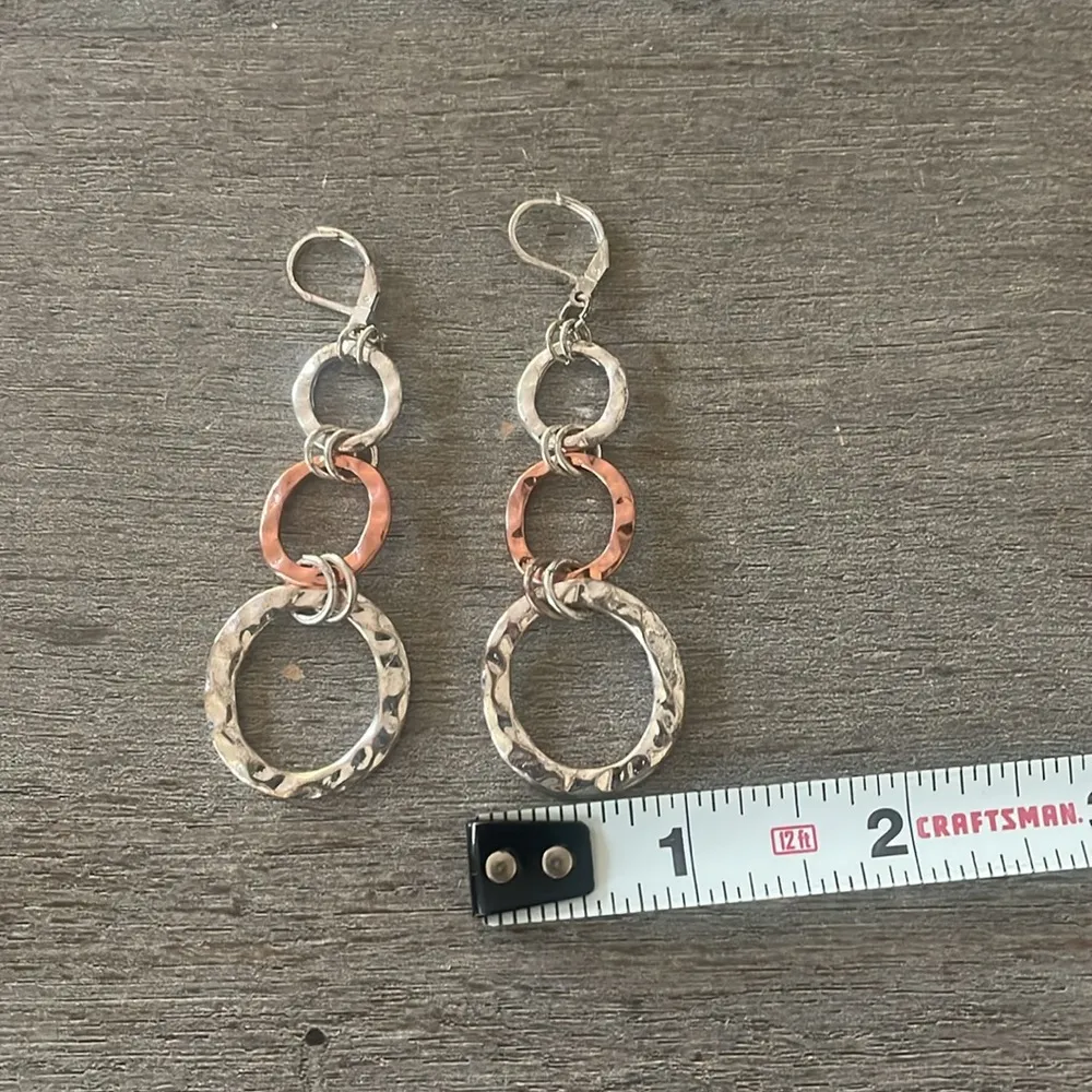 Elegant Silver and Copper Mixed Metal Hammered Dangle Earrings - Image 3