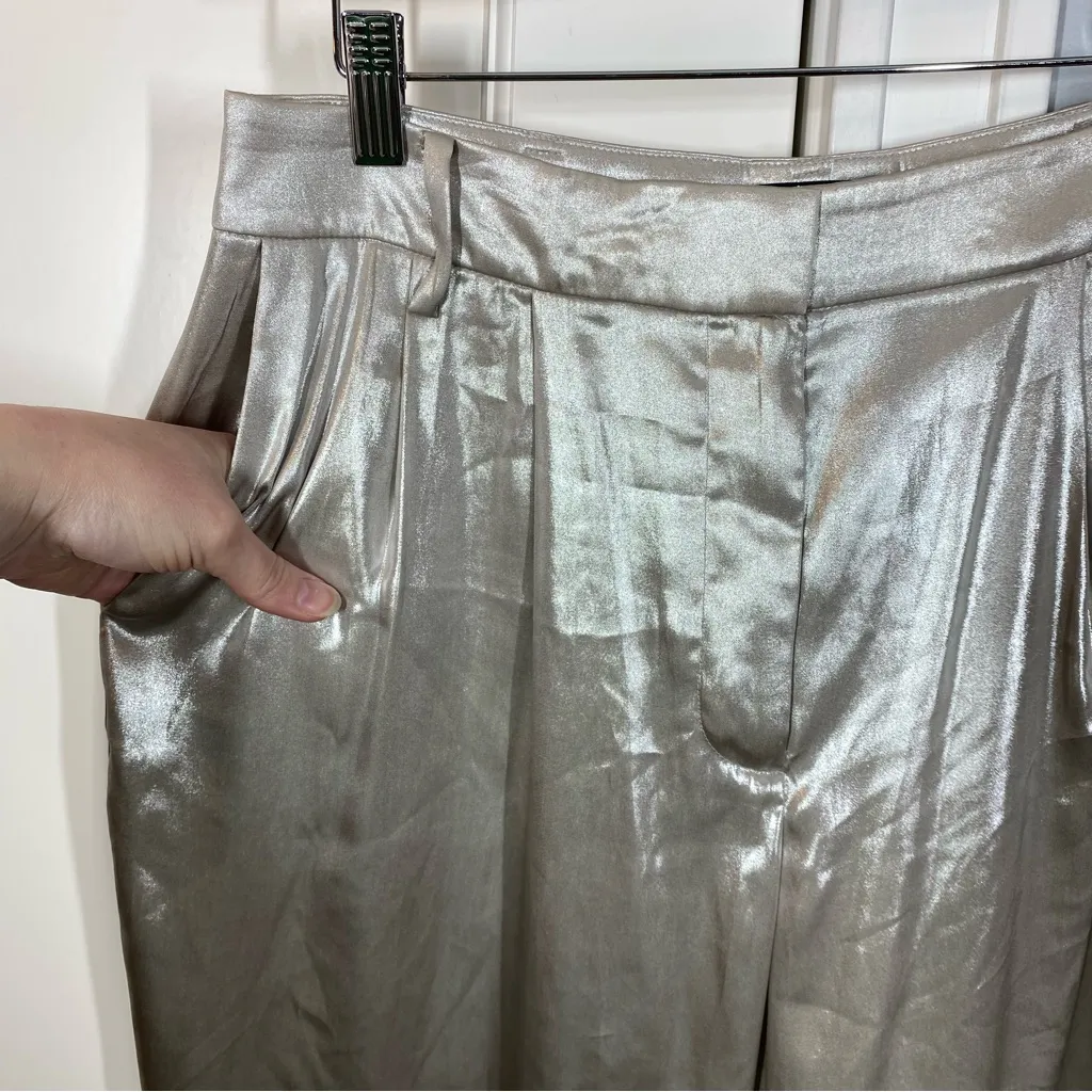 Donna Karan Pearl‎ Foil Pleated Metallic Oyster Wide Leg Pants size 8 old money - Image 3