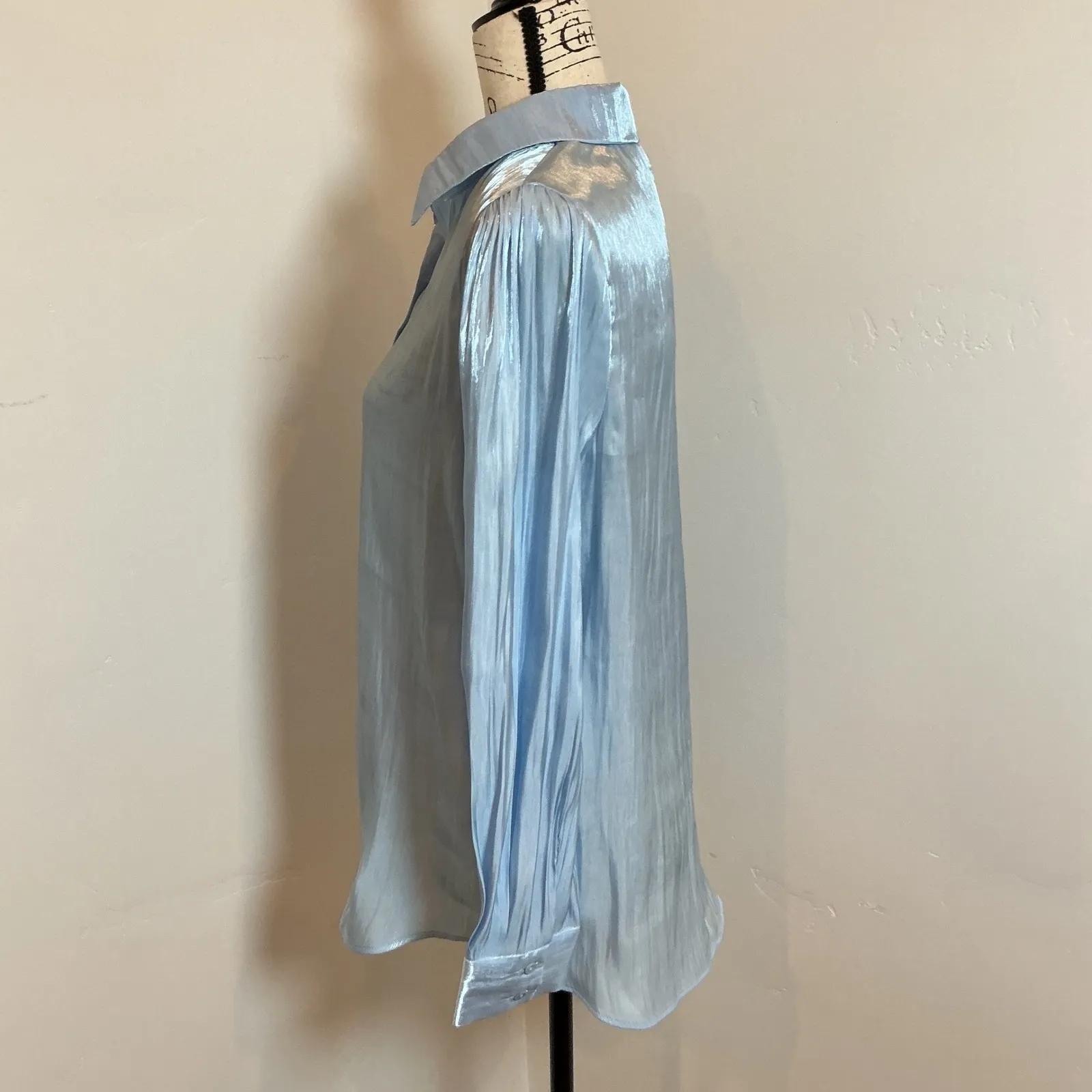 VICI Sheer Metallic Blue Puff Sleeve Button Up Shirt Top Size Small - Image 3