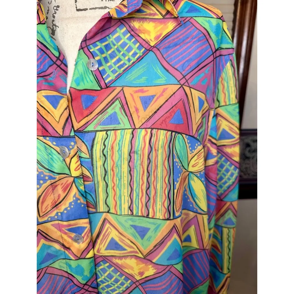 Vintage Coconut Row Palm Beach Large 80’s Pattern Sheer Silk ButtonUp Longsleeve Green - Image 4