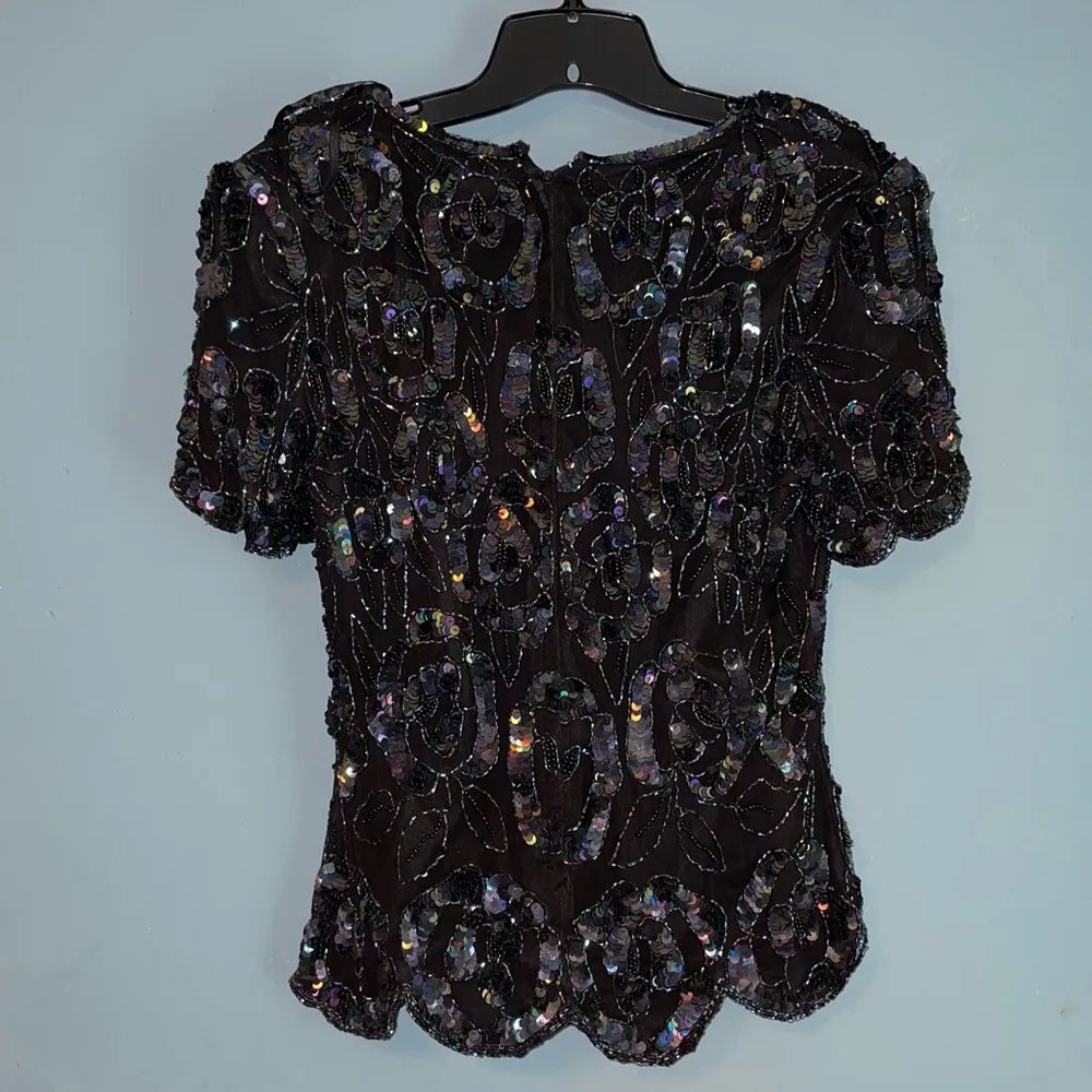 Papell Boutique Vintage Sequined Evening Top Silk Scalloped Hem Petite Medium - Image 9
