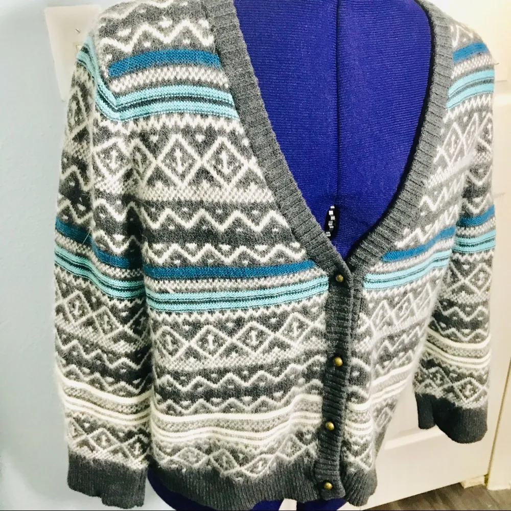 Lands End Gray, Teal & White Fair Isle Angora Blend Cardigan Sweater Size Medium - Image 3