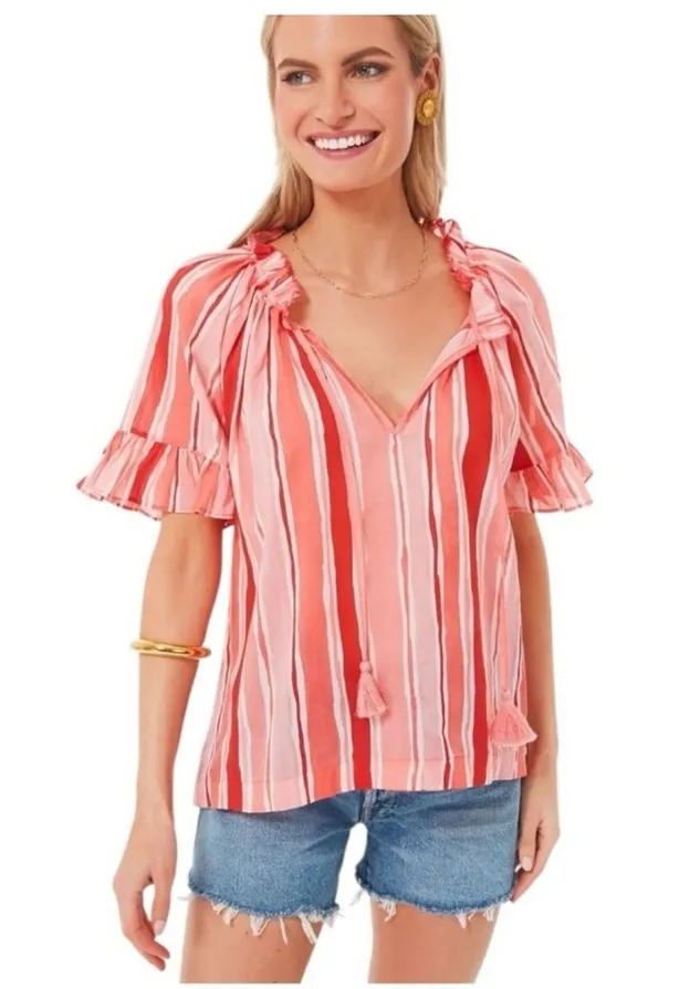 Tuckernuck Cassis Top XS NWT Sunrise Stripes Pink Cotton Ruffle Sleeve Boho - Image 1