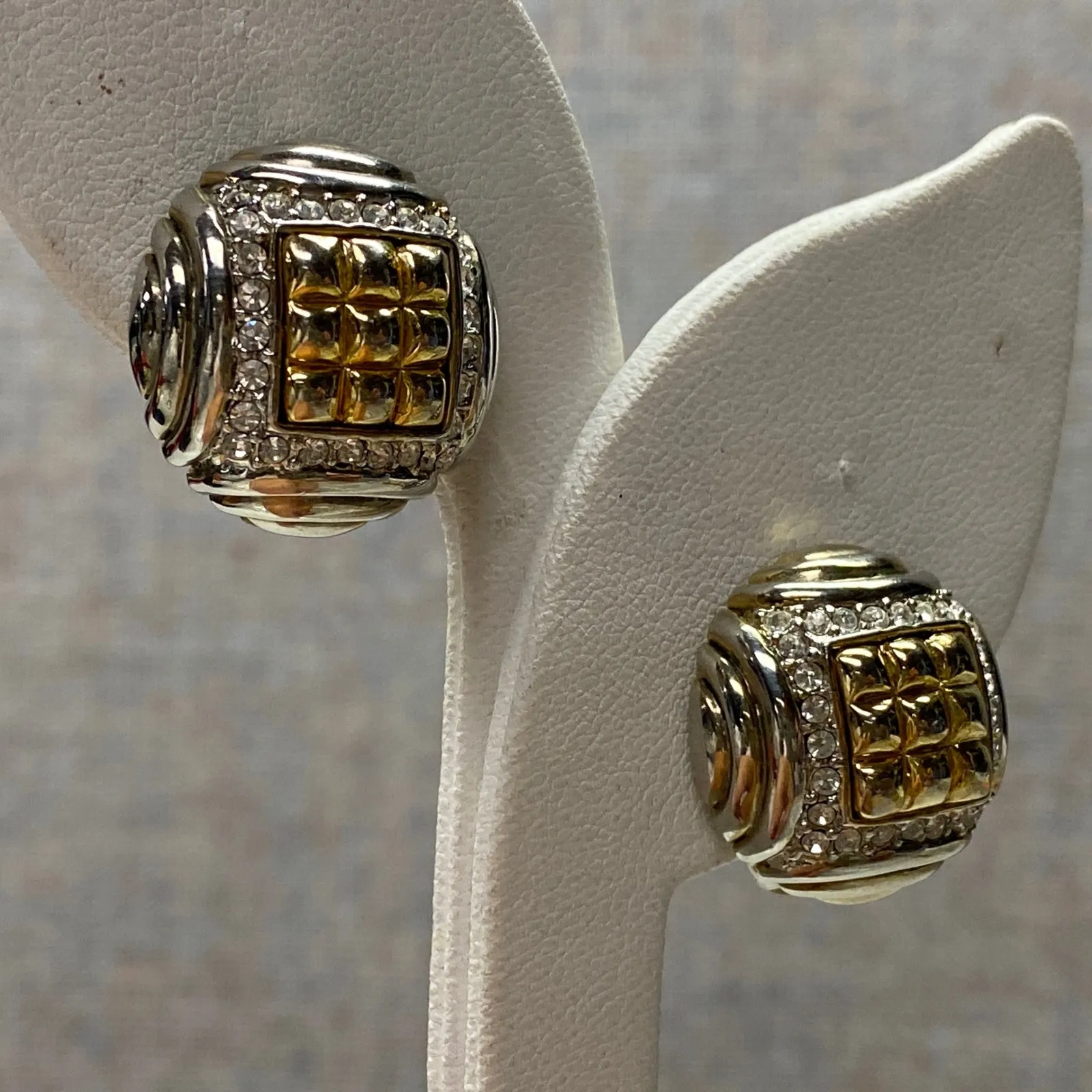 Chunky Dome Clip On Earrings Gold & Silver Tone Crystal Accents Bling Jewelry - Image 3