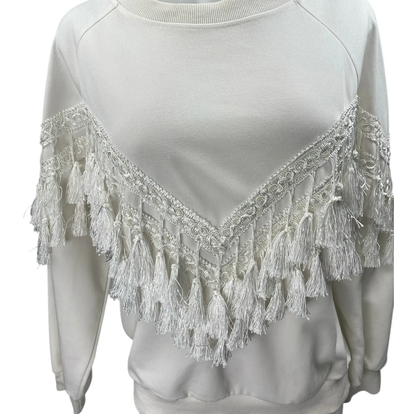Vera & Lucy Women's White Tassels Fringe Long Sleeve Sweatshirt Sweater Top Sz M - Image 3