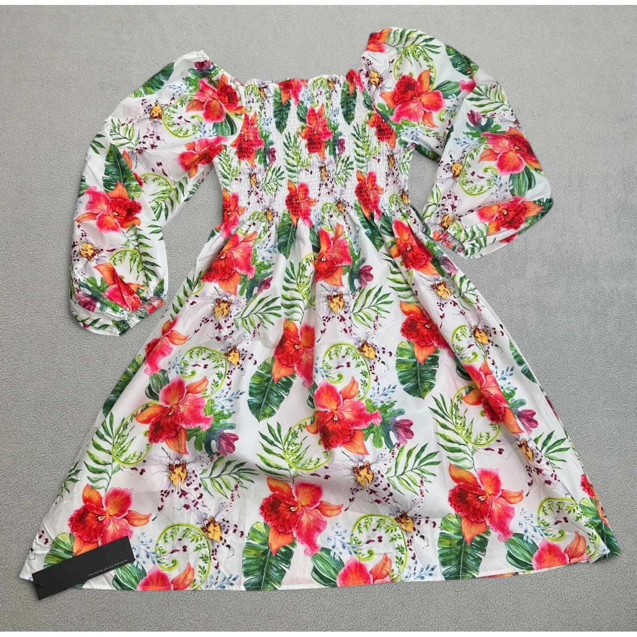 NWT S.DEER Dress Floral Print Womens XXL Long Sleeve Smocked A Line Summer Midi White - Image 2