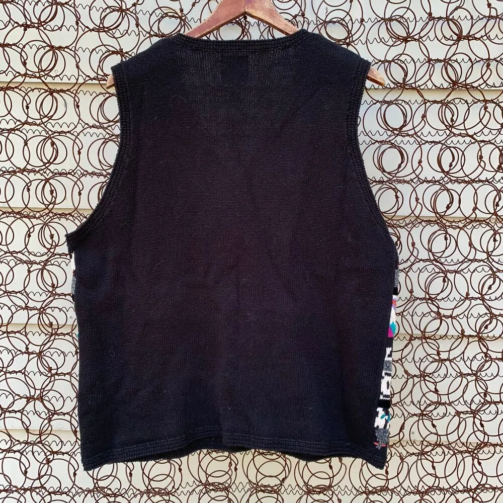 VTG 90s art deco sweater vest striped ribbon embroidery mother of pearl button Black Size XL - Image 2