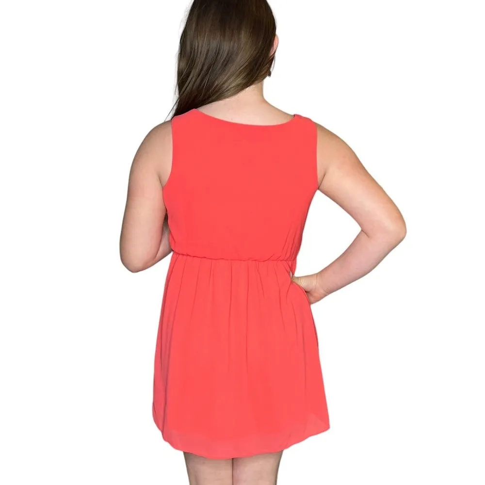 iZ Byer Coral Mini DRESS Juniors Size 14 Pink Orange Pleated Ruffled Sleeveless - Image 5