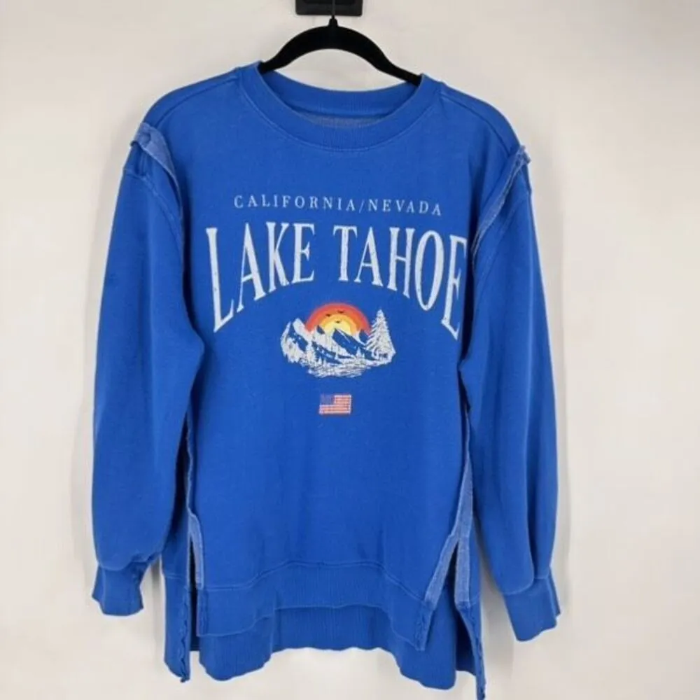 Goodie Two Sleeves Royal Blue Oversized Lake Tahoe Raw Seam Sweatshirt Medium - Image 3