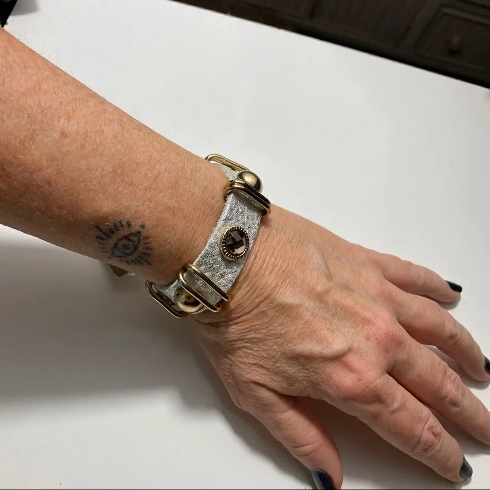 Tasha Silver metallic leather rhinestone bracelet Silver - Image 7