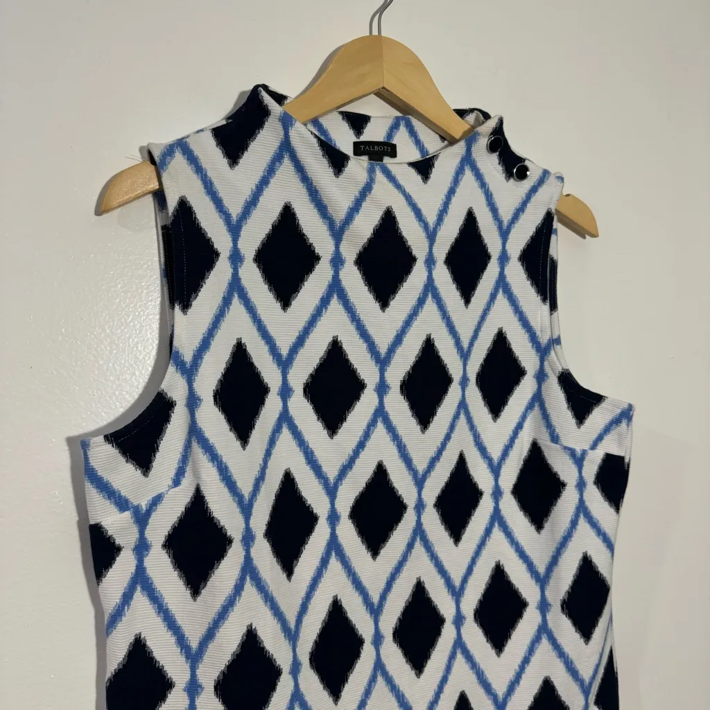 Talbots  High Neck Button Shoulder‎ Shell Diamond Print Size Medium Blue/White - Image 3