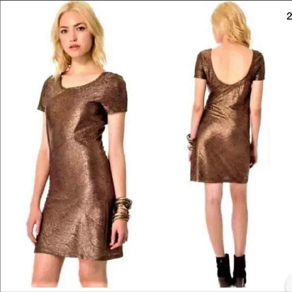 Free People Moonage Daydream Golden Brown Shimmer Metallic Bodycon Dress Size XS - Image 2