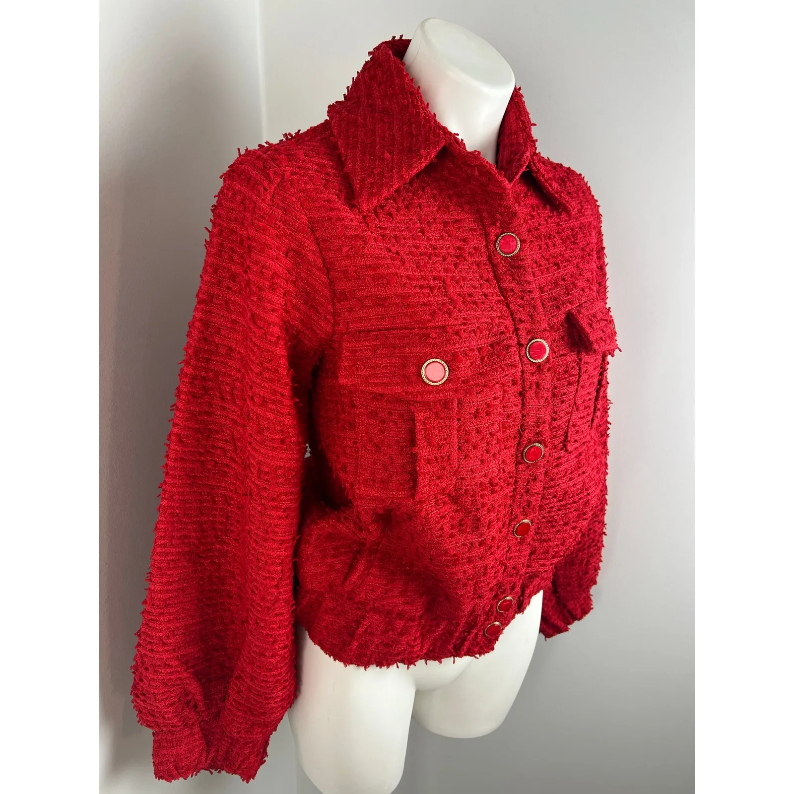 Endless Rose Double Pocket Red Tweed Jacket XS - Image 3