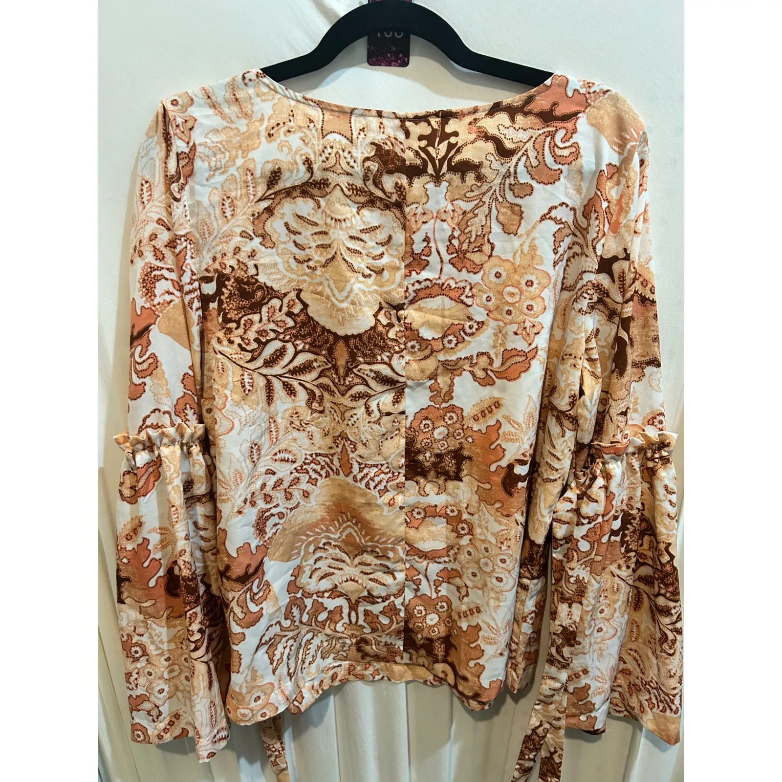 Lauren Conrad Womens‎ Top L Brown Orange Floral Tie Sleeve Long Sleeve Blouse - Image 6