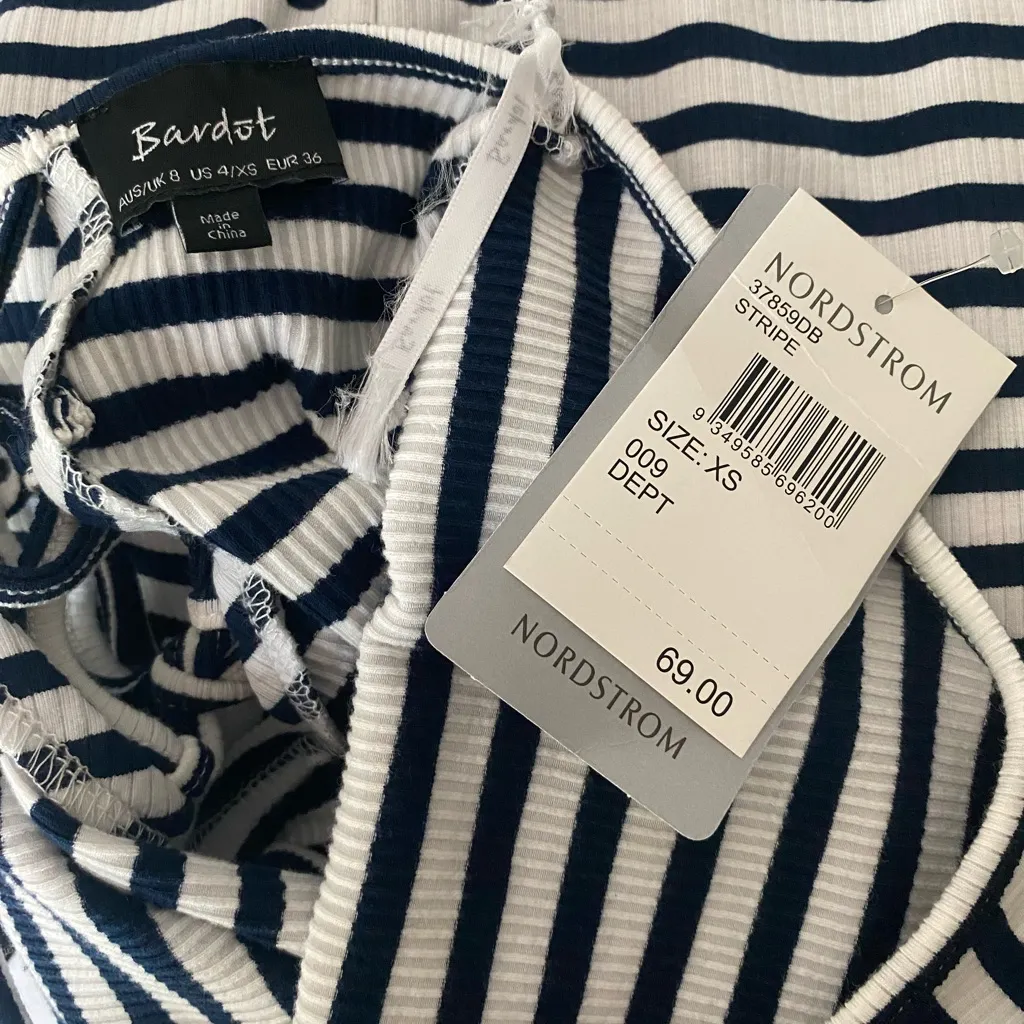 $69 NEW Bardot Bodycon Nordstrom Knit Stripe Navy Midi Lace Up Dress XS - Image 4