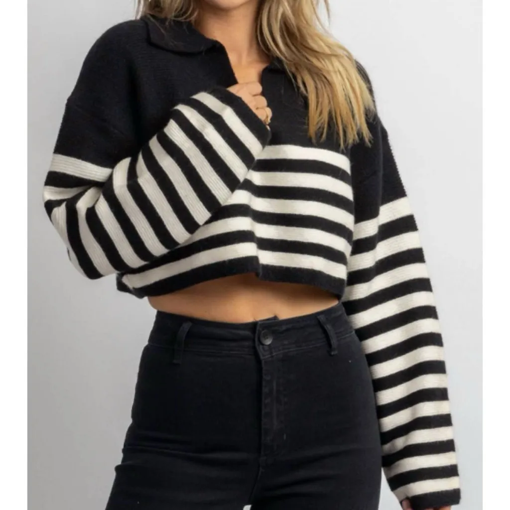 Crescent x Stile Collection Corbin Striped Collared Cropped Knit Sweater Small - Image 3