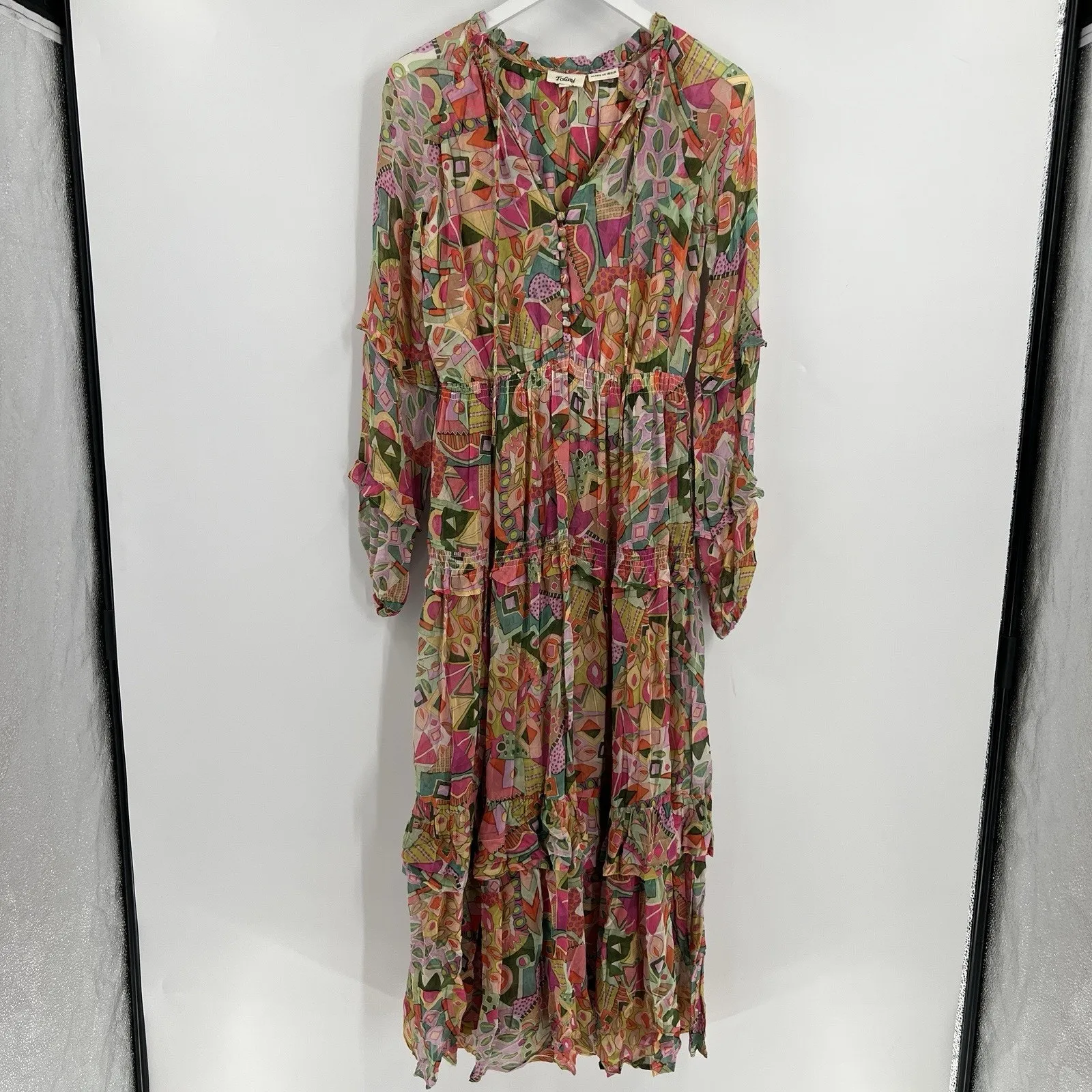 Tolani Collection Sherah Maxi Dress Tropical Long Sleeves Button Smocked Size XS - Image 2