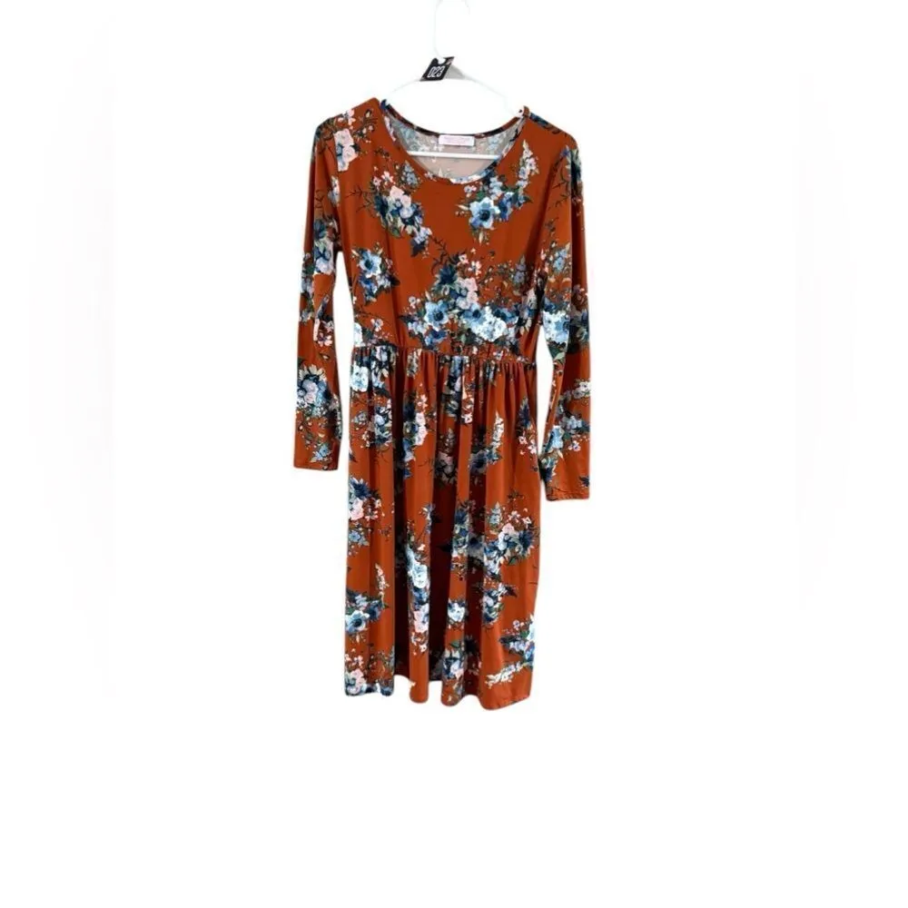 Neesee Boutique Dress Medium Burnt Orange Blue Floral - Image 8