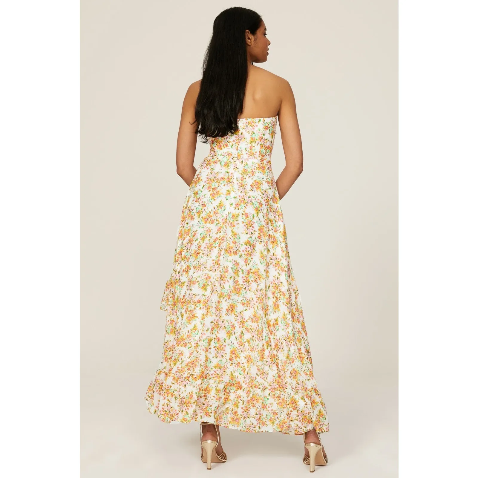 Shoshanna Remy White Orange Floral Print Strapless Ruffled Maxi Dress 8 - Image 3