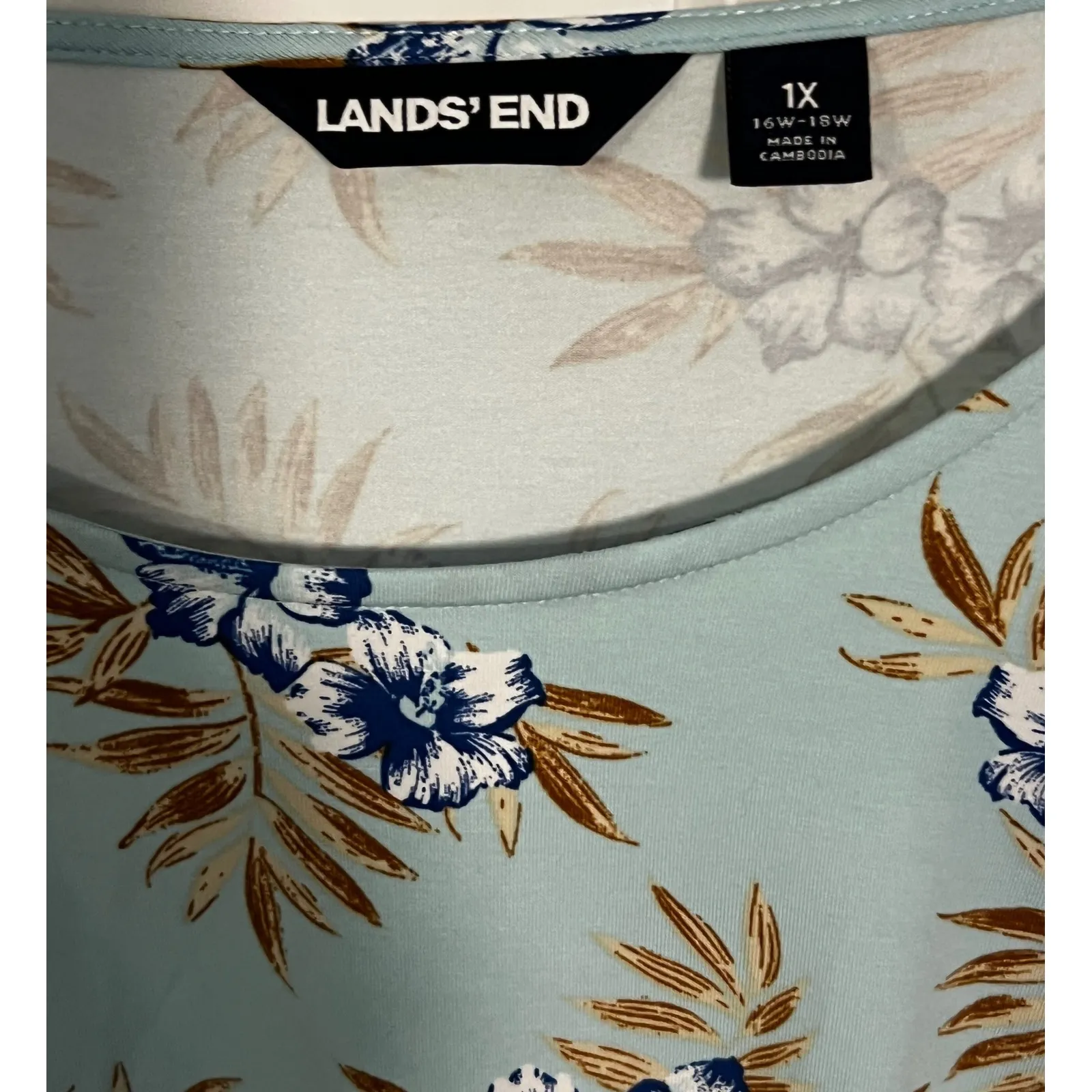Lands End Dress 1X 16-18 W Cap Sleeve Twist Knot Jersey Knit Stretch Blue Floral - Image 4