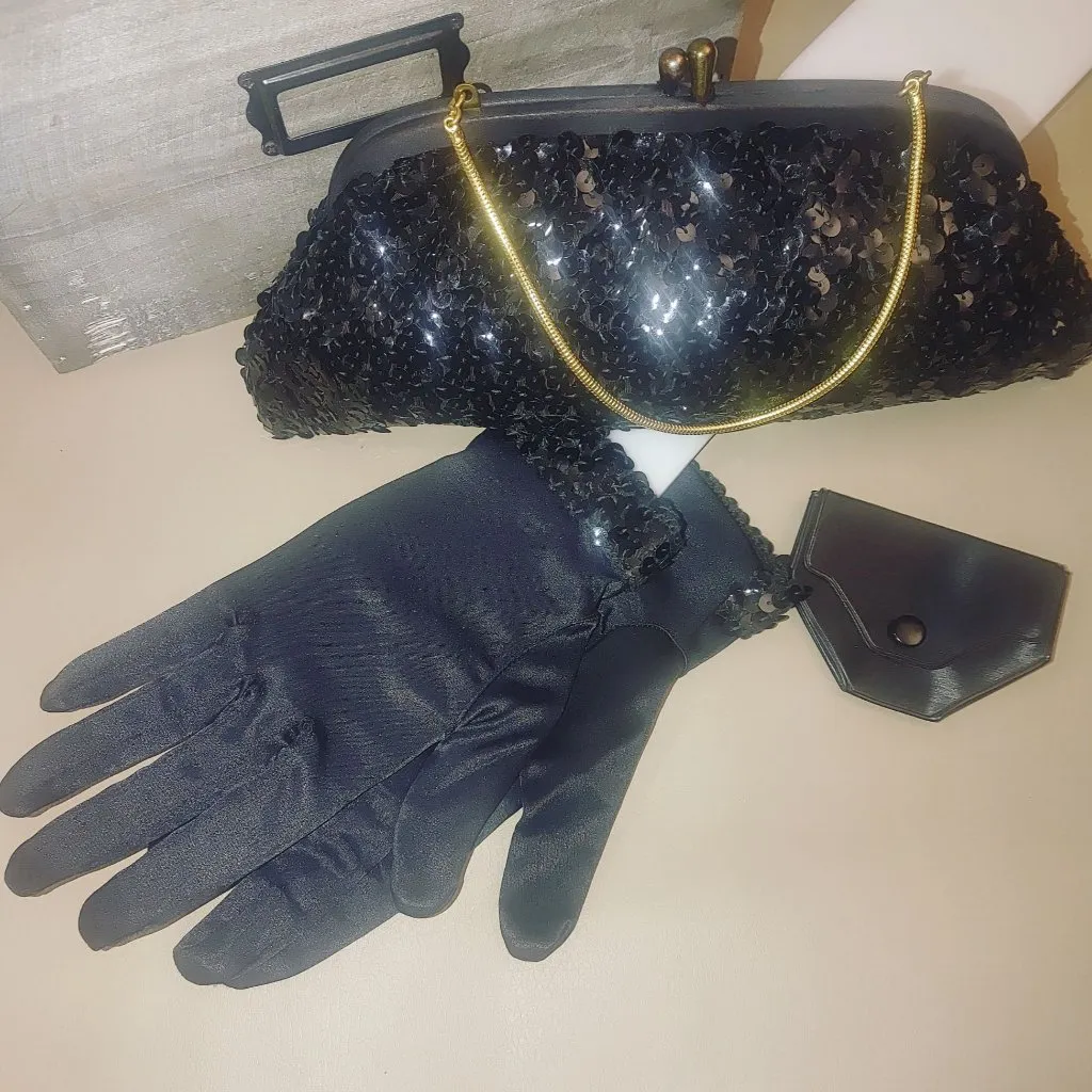 Small Black Sequin Evening Clutch Bag Kisslock Satin Spandex Gloves Set Vintage - Image 2