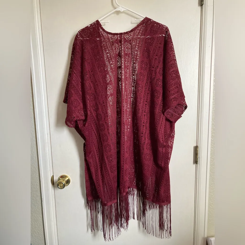 🌞Lane Bryant Burgundy Boho Lace Cover Up Open Front Poncho Shawl Fringe Hem #Bl - Image 6