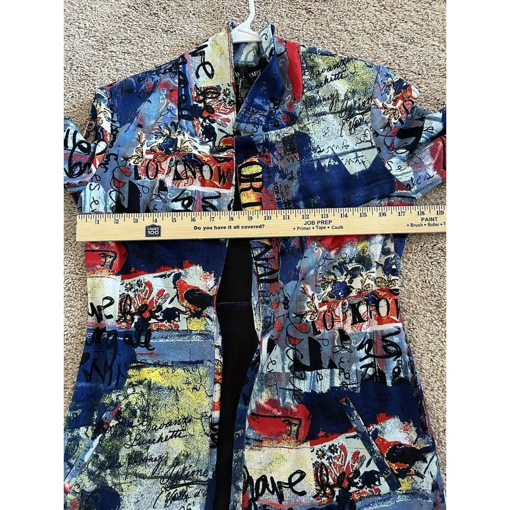 Frank Lyman Blue/Red Abstract Print Open Front Blazer Size 4 Art To Wear Luxury Blue - Image 7