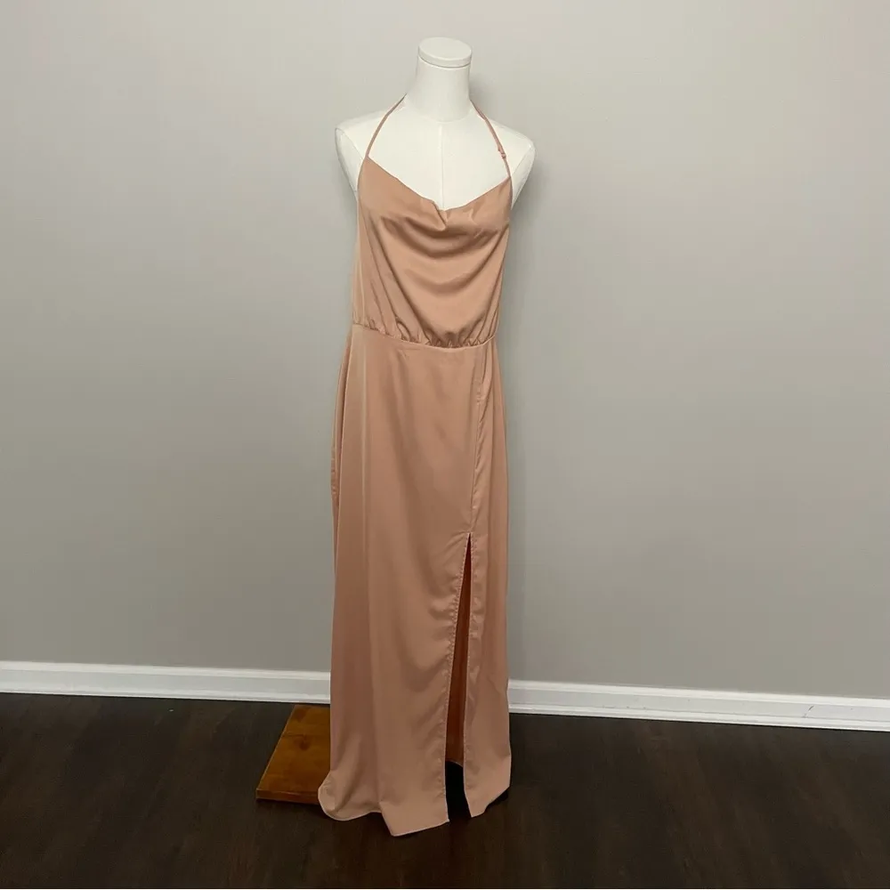Lulus Dress Maxi Its Fate Satin Sleeveless Halter Party Cocktail Nude Neutral - Image 2