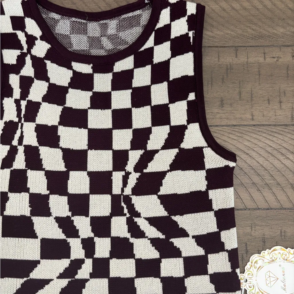 Checkered Black and White Women's Top Brown - Image 2