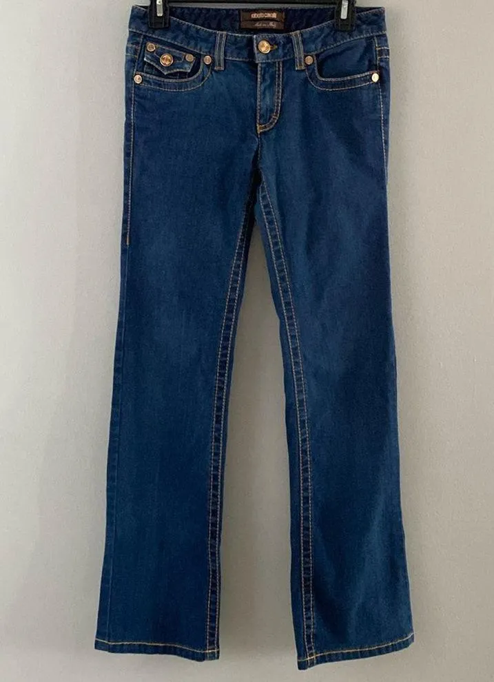 roberto cavalli jeans 26x29 Blue Embellished Low Rise Straight Dark Wash Tag 40 - Image 2