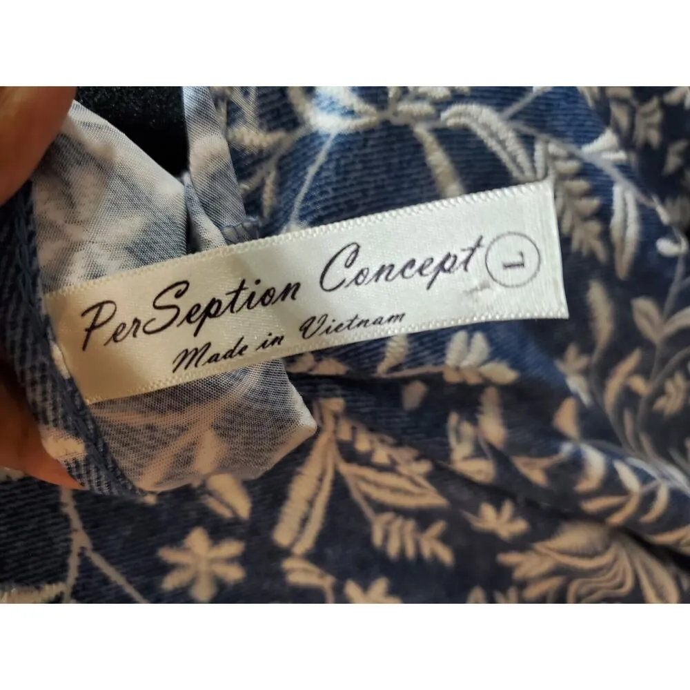 Perseption Concept Women Blue Floral Round Neck Half Sleeve Knee Length Dress L Size L - Image 8