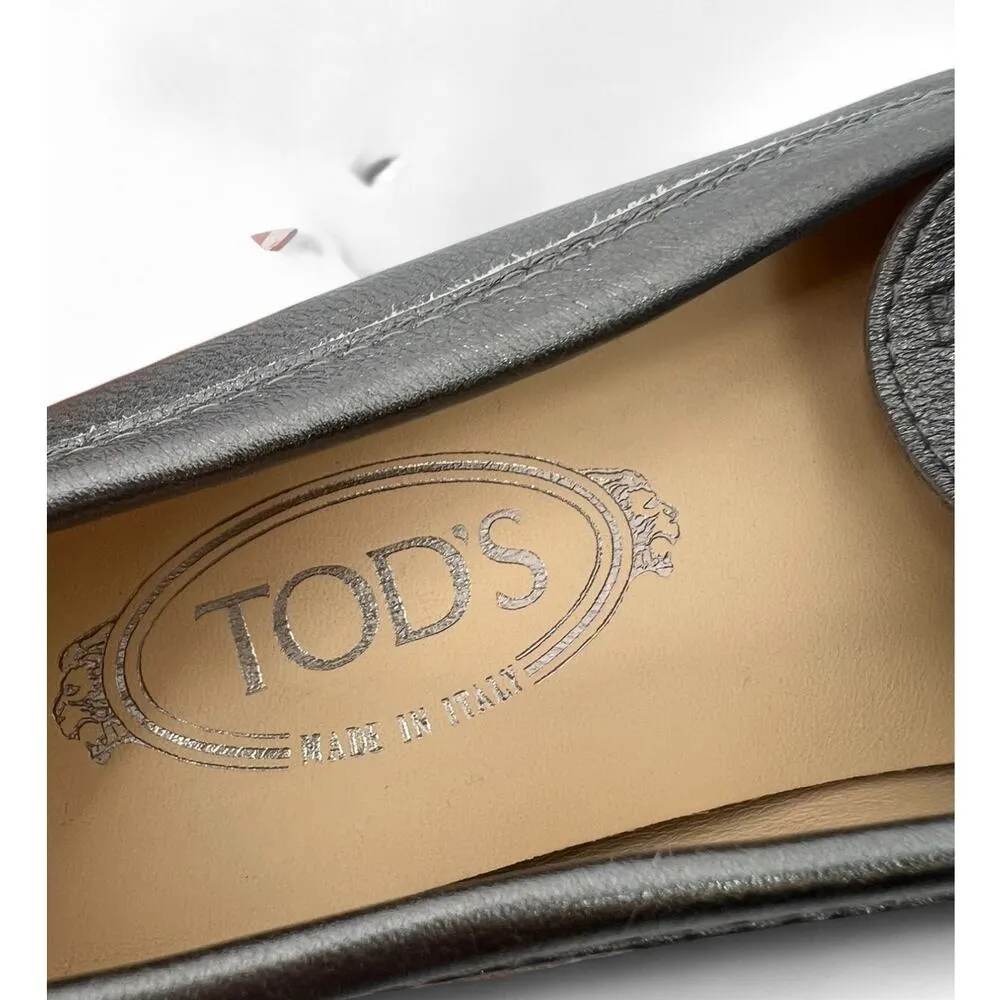 TOD'S 35 / 5 Gommino Driving Shoes Leather Metallic Silver Loafer Flat Slip On - Image 7