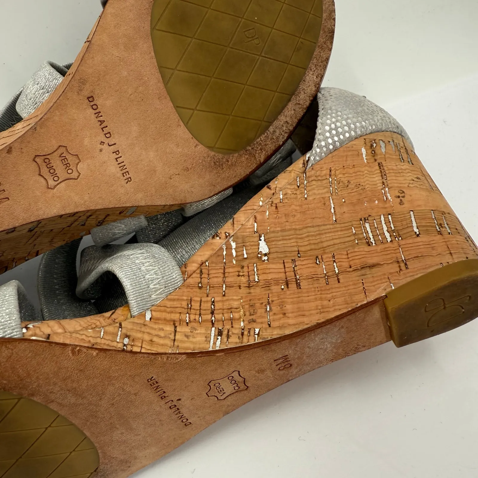 Donald J. Pliner Jemi SZ 8 Strappy Wedge Sandal Silver Metallic Cork Back Zipper - Image 14