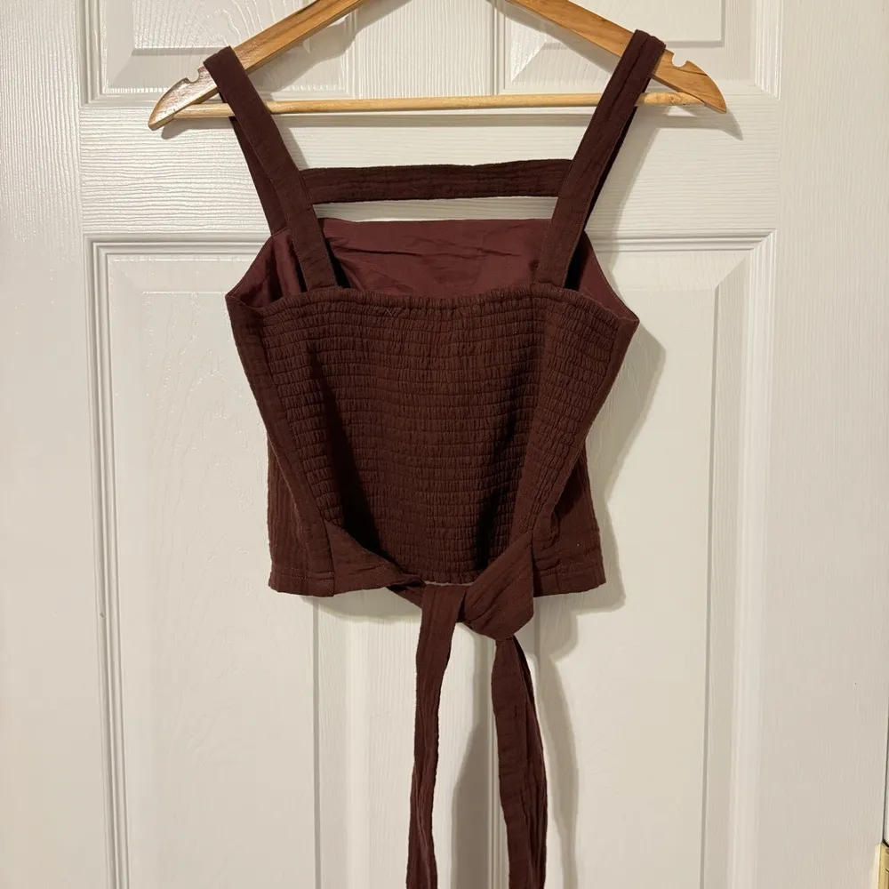 Anthropologie Smocked Tank Top Size XS Brown Cocoa Cotton Tie Back Lined Stretch - Image 6