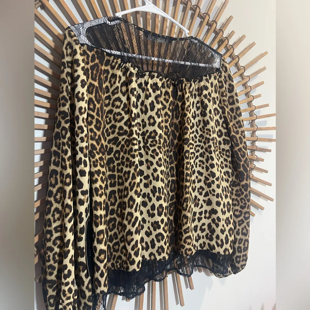 Zara Womens Leopard Print Long-sleeve Top w: Black Lace Detail Flowy Loose NWT - Image 13