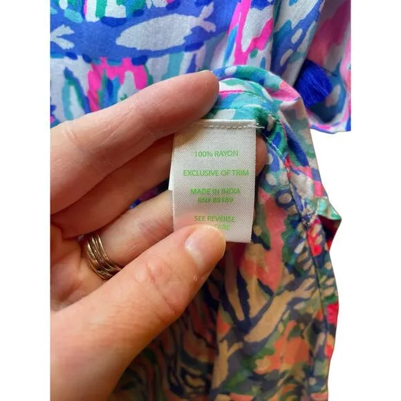 Lilly Pulitzer Women‎ XS Top Tunic Short Sleeve Sydney Caftan Pink Blue Tassels - Image 9