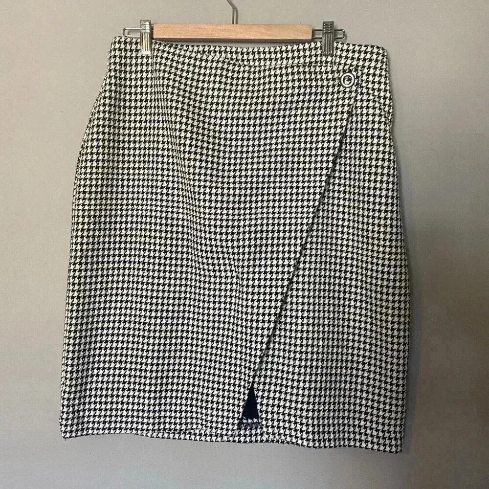 EVIE HOUNDSTOOTH FAUX WRAP ASYMMETRICAL SKIRT Size 14‎ Black White Tweed Preppy - Image 2