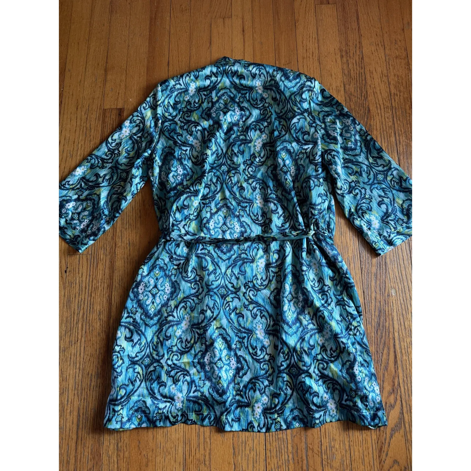 Liz Claiborne Robe Womens Small Blue Green Belted Tunic Paisley Satin Kimono - Image 5