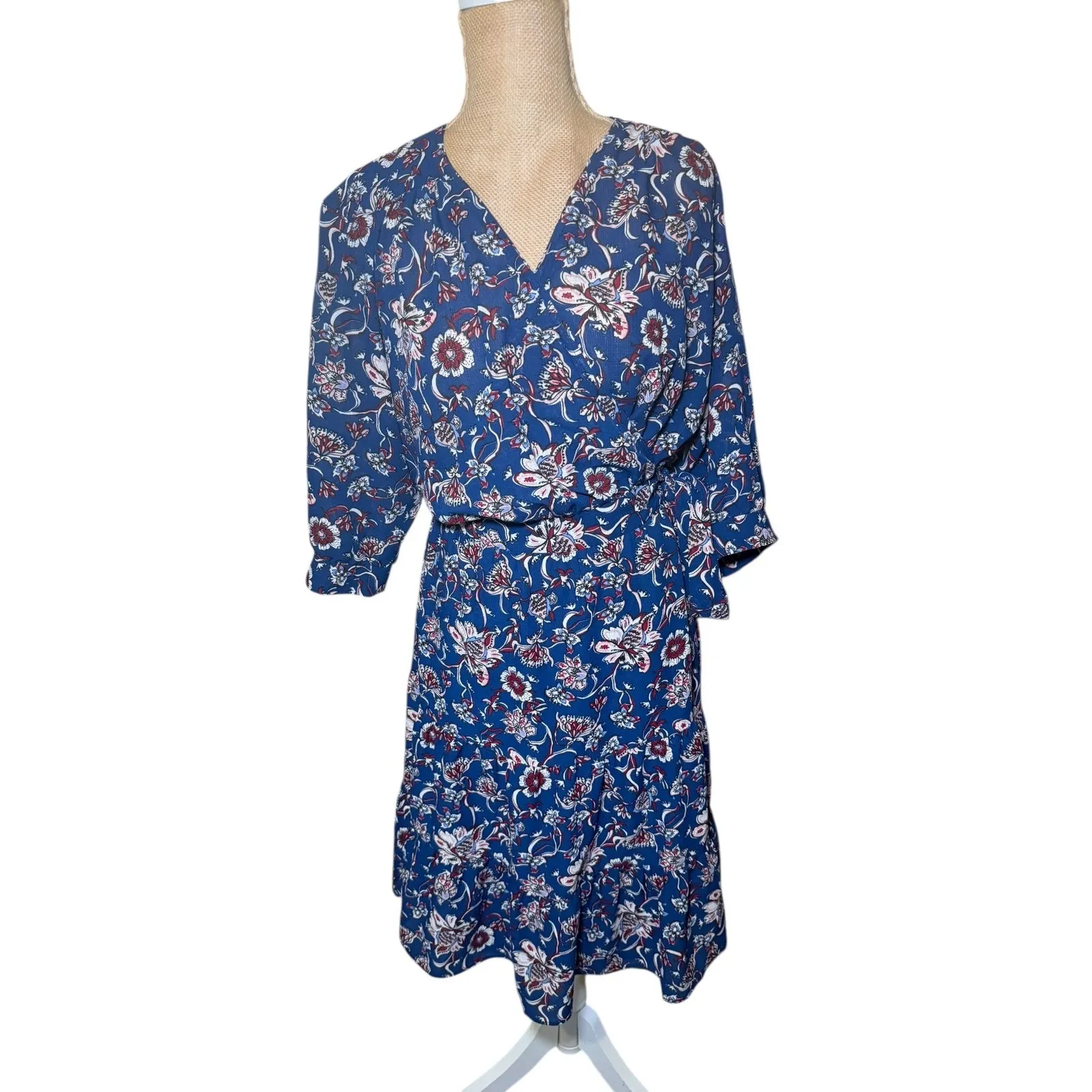 GERARD DAREL Paris Floral Wrap Dress Midi Blue Red White Women Size 10 - Image 2