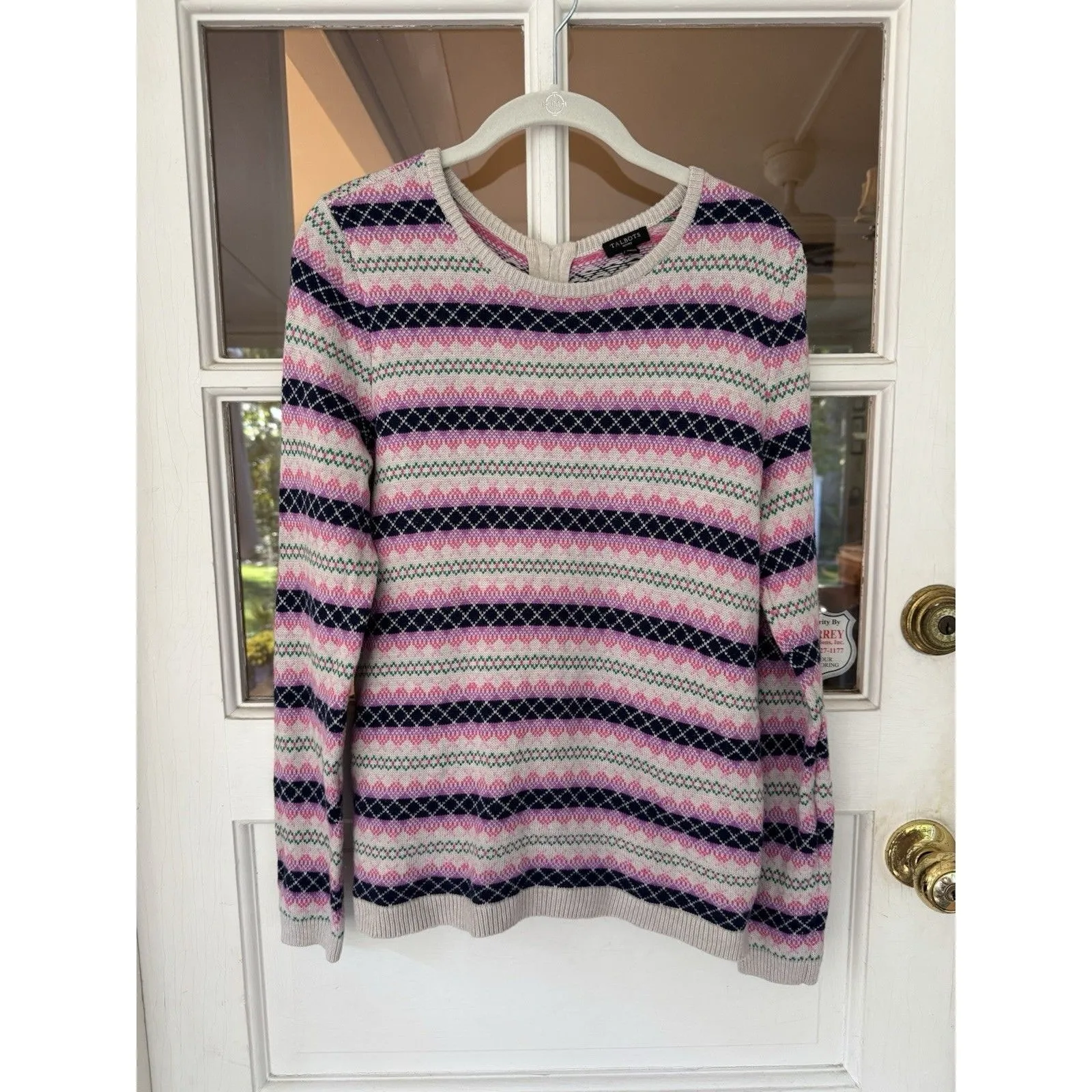 Talbots sweater Size Mp pink white fair isle nordic ribbed striped back zipper - Image 11