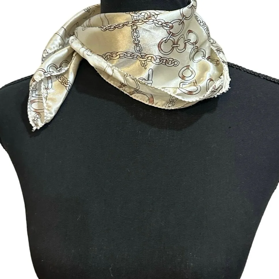 Vintage Satin Neckerchief or handbag Scarf, Paris Chains Gold & Cream Summer - Image 3