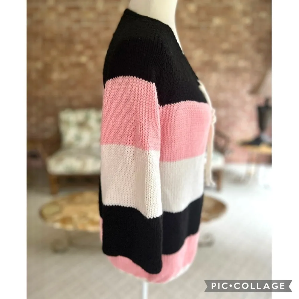 Sweater Striped Pink Black White Tie Front Nautical 8 Casual Preppy Lunch Work - Image 9