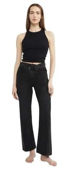 OAK + FORT Crossfront Crossover Straight Leg Jean in Washed Black, Size 27, EUC Black - Image 1