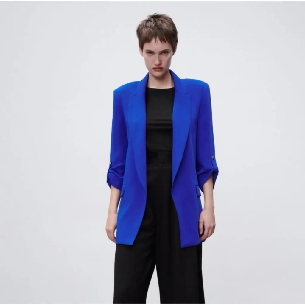 ZARA  Cobalt Blue Oversized Roll Sleeve Open Front Blazer Size Small - Image 9