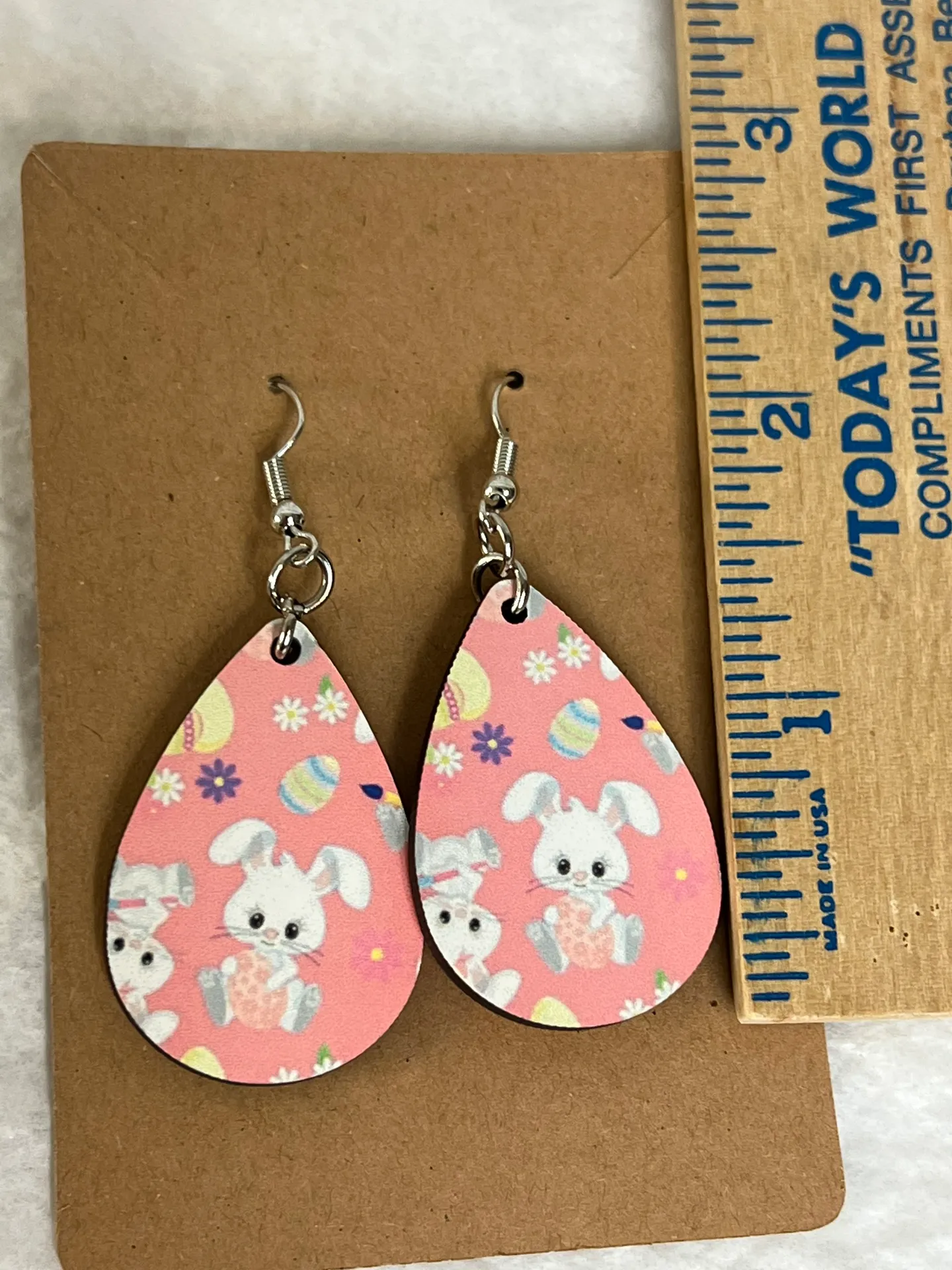 Easter Bunny Pink Teardrop Dangle Pierced Earrings - Image 3