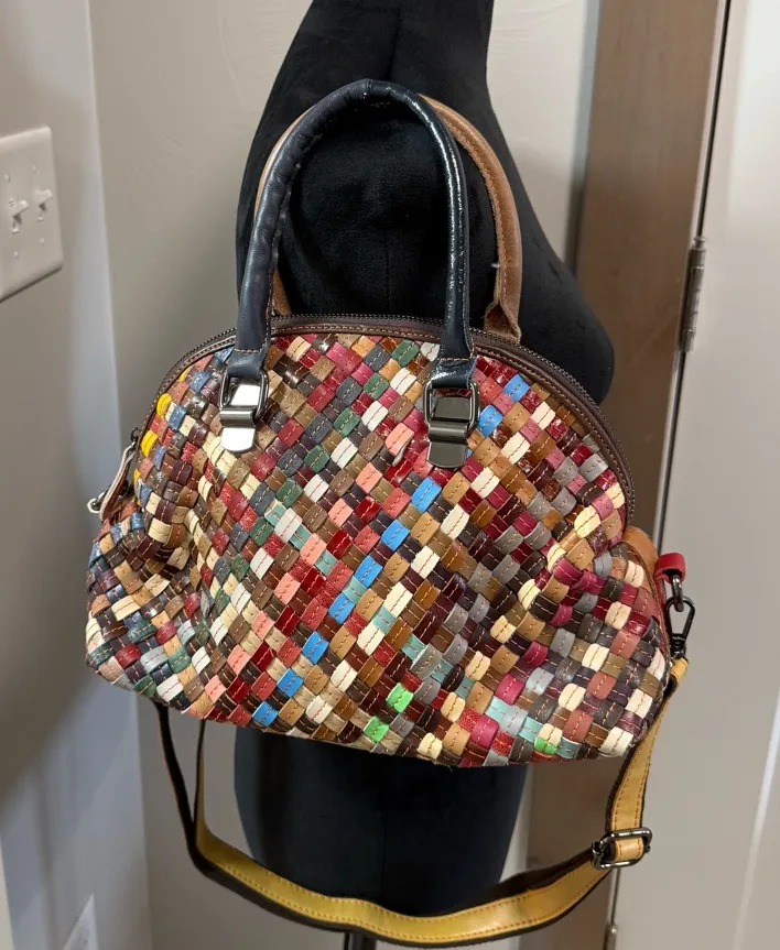 Multicolor Leather Basket Weave Shell Purse Bag Shoulder Crossbody Abstract - Image 1