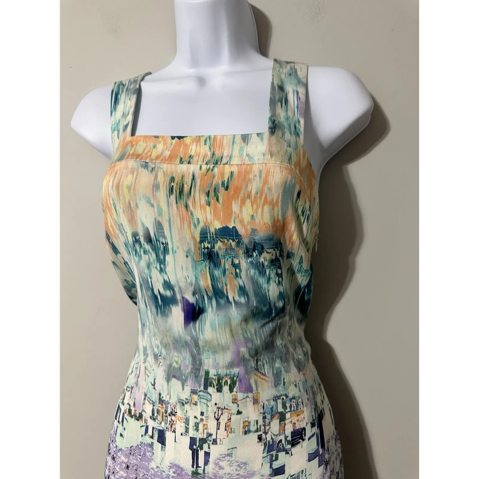 Misha Nonoo Field Hockey 100% Silk Mini Dress Size 4 Abstract Art Cityscape - Image 7