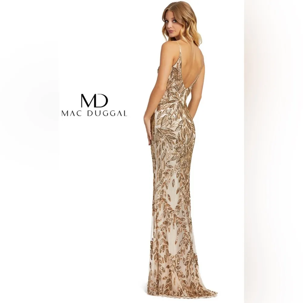 NWT Mac Duggal Style 5107 Plunging Neckline Sequins Gown Dress Gold Nude Size 10 - Image 5