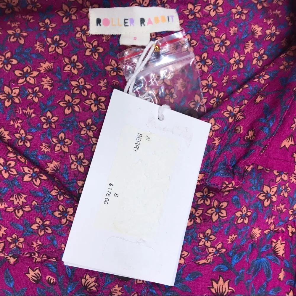 ROLLER RABBIT Darya PurpleāFloral Cotton Shirt Dress Button Front Size Small New - Image 6