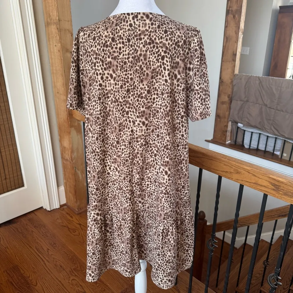Leopard Print V-Neck Dress A-line ruffle hem tan brown cream L - Image 3